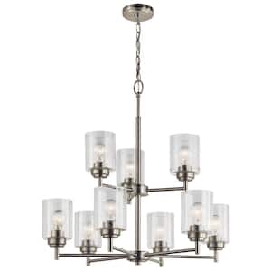 Winslow 27 in. 9-Light Brushed Nickel 2-Tier Contemporary Shaded Cylinder Chandelier for Dining Room