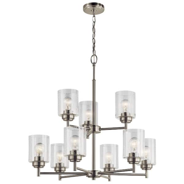 Winslow 27 in. 9-Light Brushed Nickel 2-Tier Contemporary Shaded Cylinder Chandelier for Dining Room