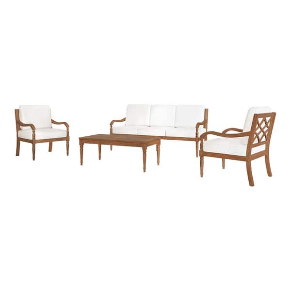 New Classic Furniture Savannah 4-Piece Wood Patio Conversation Set with White Cushions