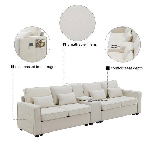 Polibi 114.20 in. Straight Arm Polyester Rectangle Sofa in Beige with Console, Cup Holders and USB Ports