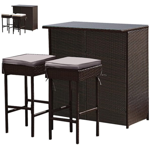 Gymax 3 Piece Rattan Wicker Patio Outdoor Serving Bar Table & Stool Set Dining Set with Gray & Off white Cushion