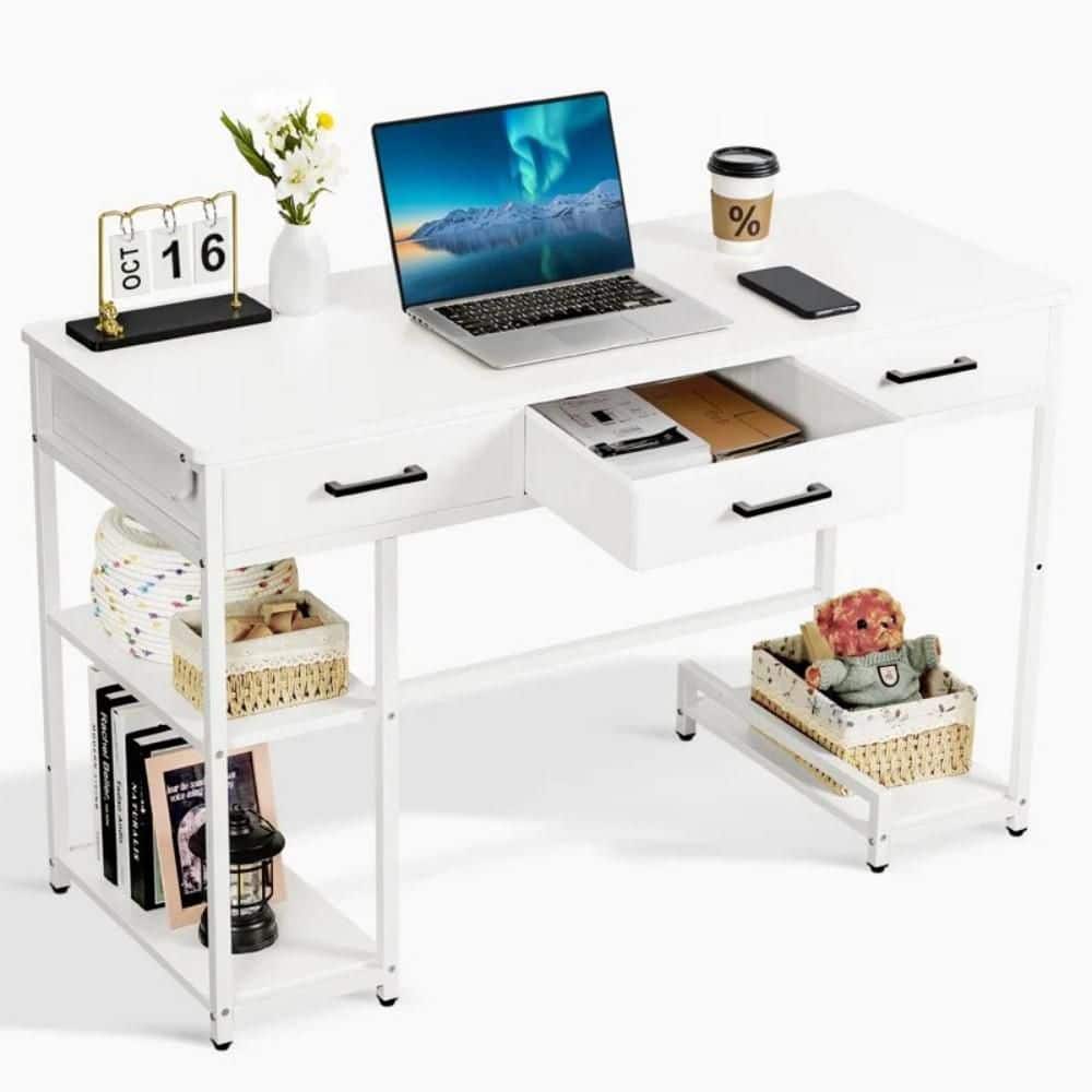46 in. Rectangular White Fabric 3-Drawer Computer Desk with Storage, Shelves price history on PriceWatchPro