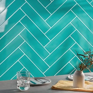 Colorwave Teal Green 4.43 in. x 17.62 in. Polished Crackled Ceramic Subway Wall Tile (10.35 Sq. Ft./Case)