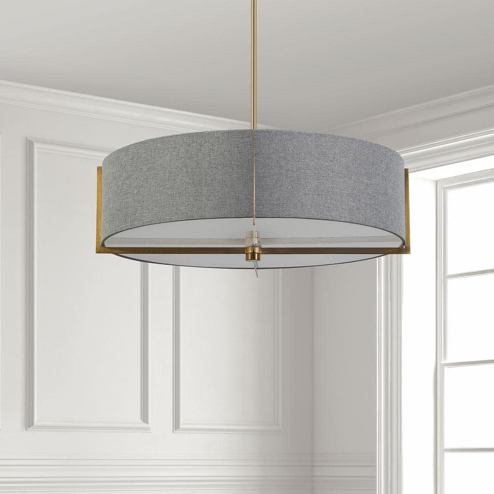Aged Brass and White Glass Drum Pendant Light, 26"