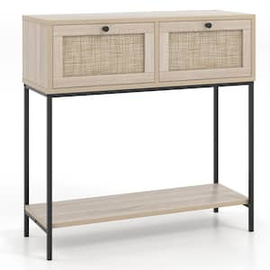 31.5 in. Oak Rectangle Wood Console Table with 2 Rattan Drawers & Open Storage Shelf Metal Legs