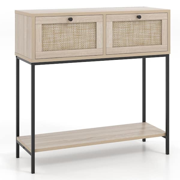 Costway 31.5 in. Oak Rectangle Wood Console Table with 2 Rattan Drawers, Open Storage Shelf Metal Legs