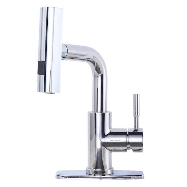 IVIGA 3 Modes Single Handle Stainless Steel Waterfall Bar Faucet with Pull Down Sprayer and Deckplate in Polished Chrome