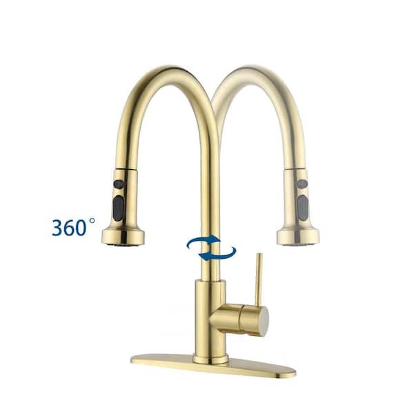 Single-Handle Pull-Down Sprayer Kitchen Faucet in Brushed Gold with Button control 360° Spout Swivel Power Clean