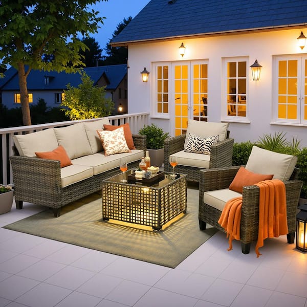 Nvelyn Gray 4-Piece Wicker Patio Conversation Set with Beige Cushions and Coffee Table