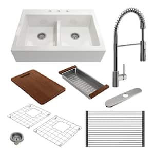 Nuova White Fireclay 34 in. Double Bowl Drop-In Apron Front Kitchen Sink with Faucet