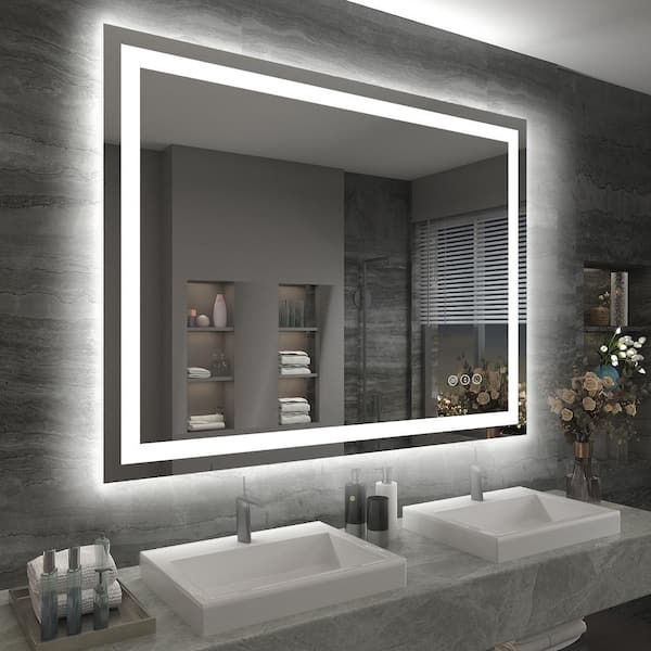 KIOTEE 48 in. W x 36 in. H Rectangular Frameless Front Back Lighted Anti-Fog Wall Bathroom Vanity Mirror, Tempered Glass, ETL