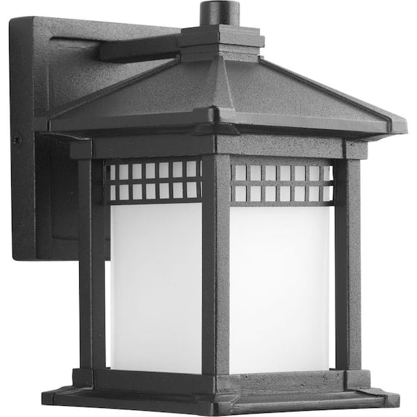 Progress Lighting Merit Collection 1-Light Textured Black Etched Glass Craftsman Outdoor Small Wall Lantern Light