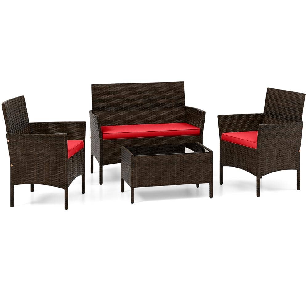 4-Piece Wicker Patio Conversation Set with Red Cushions, Loveseat, 2 Chairs and Tempered Glass Table price history on PriceWatchPro