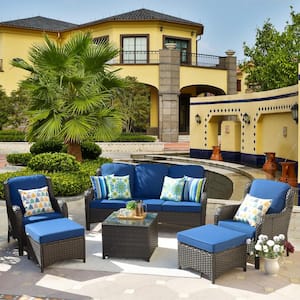 Joyoung Brown 6-Piece Wicker Outdoor Patio Conversation Seating Set with Navy Blue Cushions