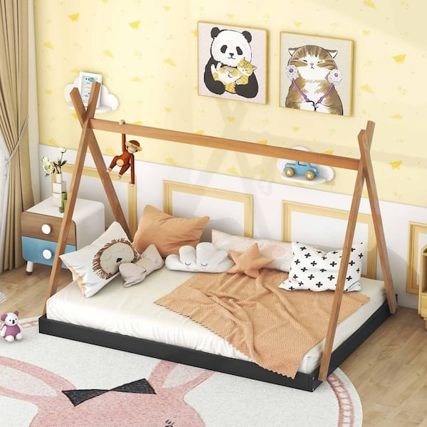 Polibi Black/Brown Wood Frame Full Size Platform Bed with Triangle Structure