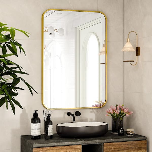 GLSLAND 24.1 in. W x 35.8 in. H Rectangular Metal Framed Wall Bathroom Vanity Mirror Gold