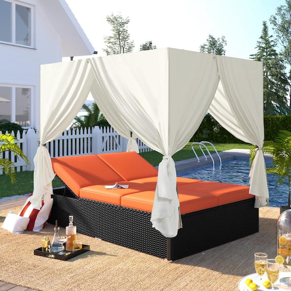 Harper & Bright Designs Black Wicker Outdoor Adjustable Seats Day Bed with Orange Cushions and Beige Canopy