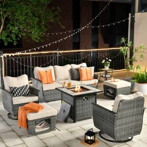 Sierra Black 7-Piece Wicker Multi-Functiona Fire Pit Patio Conversation Sofa Set with Swivel Chairs and Beige Cushions