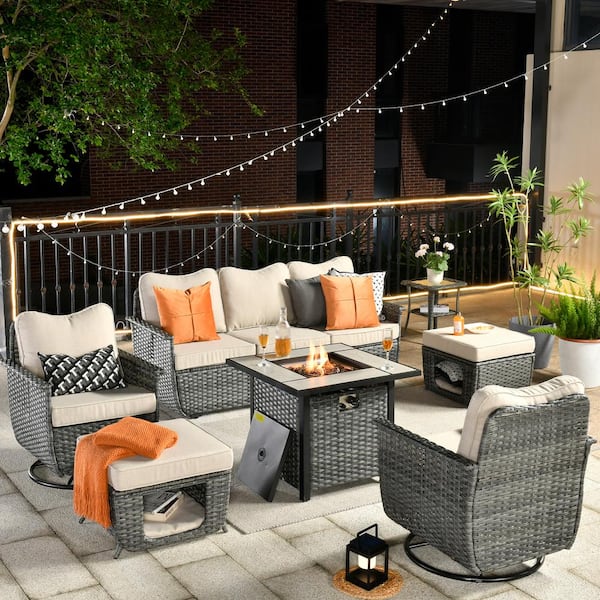 HOOOWOOO Sierra Black 7-Piece Wicker Multi-Functiona Fire Pit Patio Conversation Sofa Set with Swivel Chairs and Beige Cushions