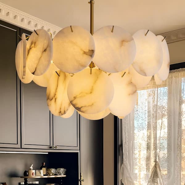 20 in. 8-Light White Alabaster Round Gold Modern Chandelier for Kitchen Island Dining Living Room Bedroom Hallway