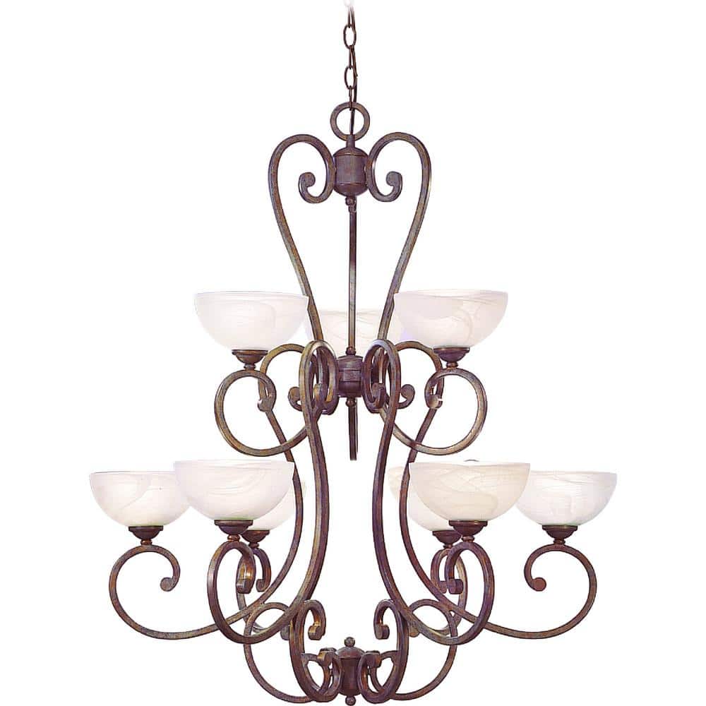 Prairie Rock Bronze 9-Light Tiered Chandelier with Alabaster Glass Shades