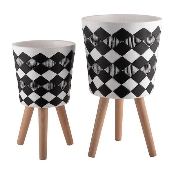 AULEDIO 10 in. and 12 in. Black Diamond Pattern Ceramic Round Indoor/Outdoor Planter (Set of 2)