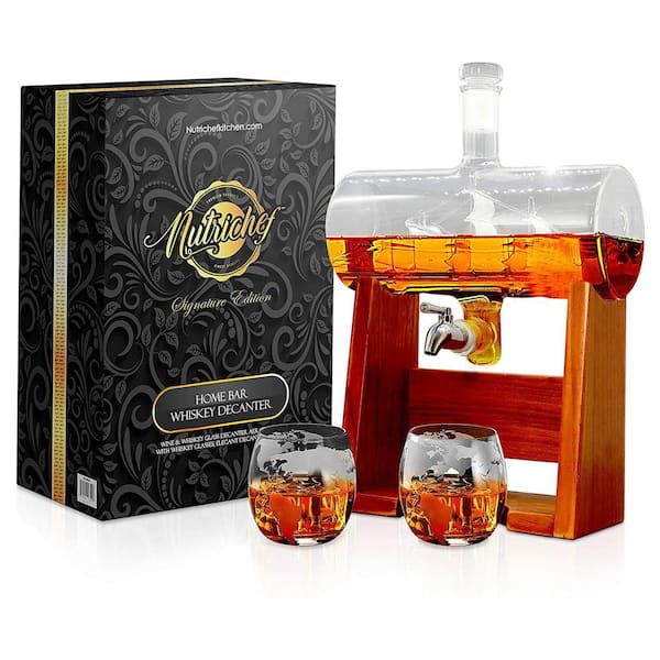 NutriChef 37 oz. Glass Barrel Whiskey Carafe Alcohol Decanter Set with Glasses