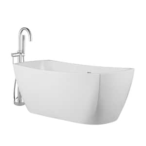 Birkett 56 in. Freestanding Flatbottom Soaking Bathtub with Center Drain in White Including Chrome Freestanding Faucet