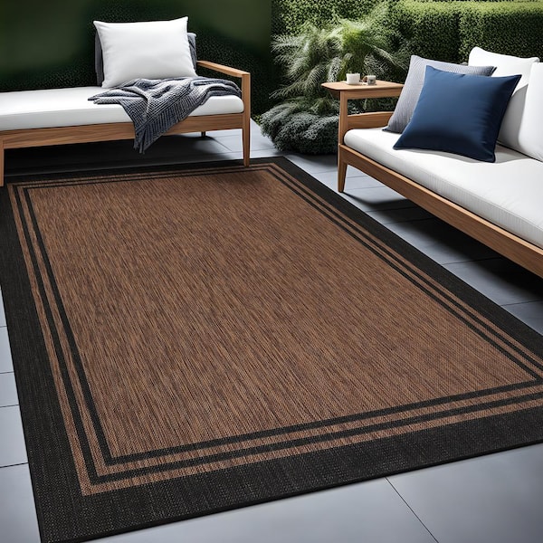 8 X 10 Gold Black Aloha Washable Bordered Indoor Outdoor Area Rug