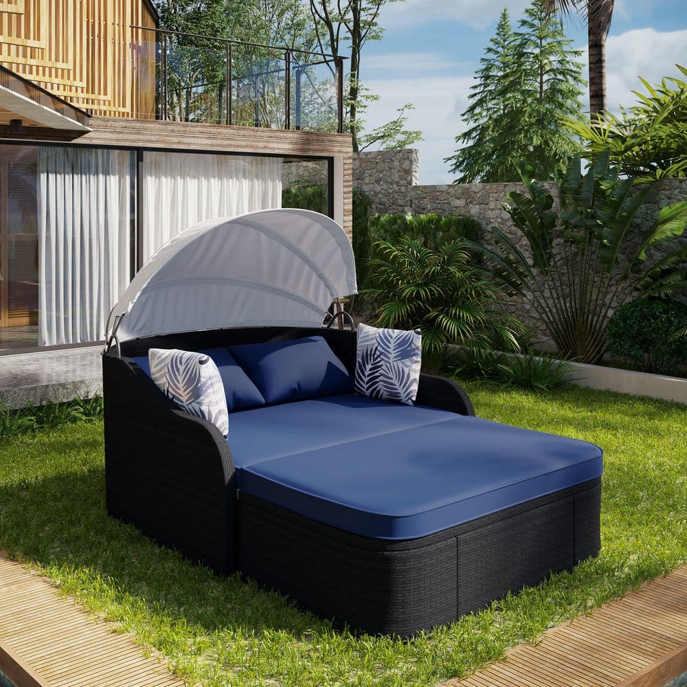 80 in. Black Wicker Outdoor Day Bed with Adjustable Canopy and Blue Cushion