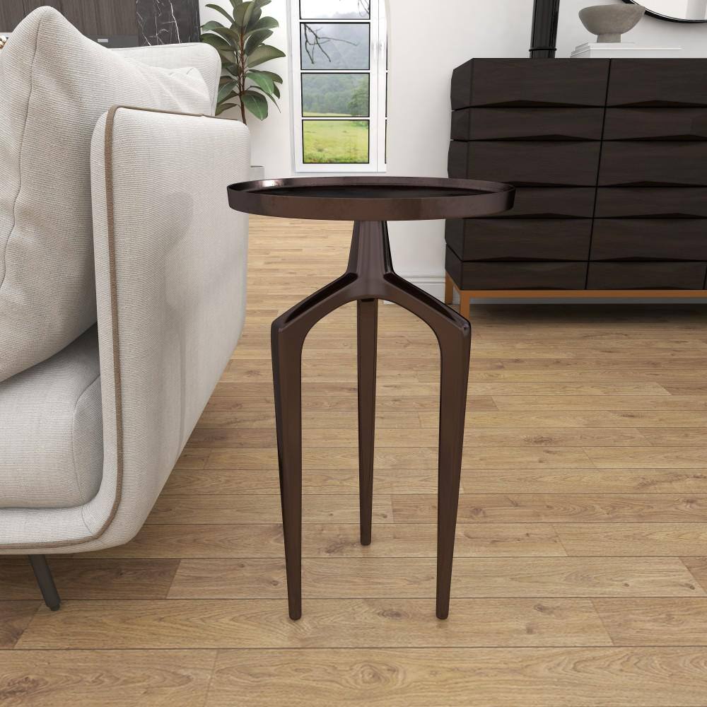 Black Aluminum Round Tray Top Accent Table with Tripod Legs