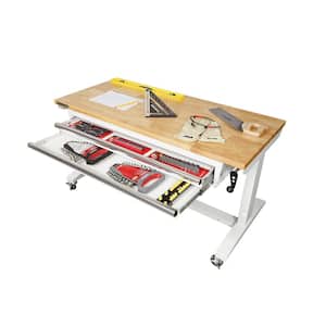 52 in. W x 24 in. D Steel 2-Drawer Adjustable Height Solid Wood Top Workbench Table in White