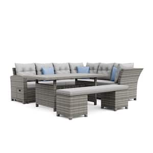Malia Gray 6-Piece Wicker Modular Outdoor Sectional with Gray Cushions and Ottoman/Bench