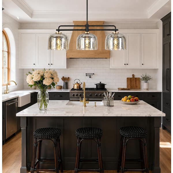 Zevni Modern 43.3 in. 3-Light Black and Gold Kitchen Island