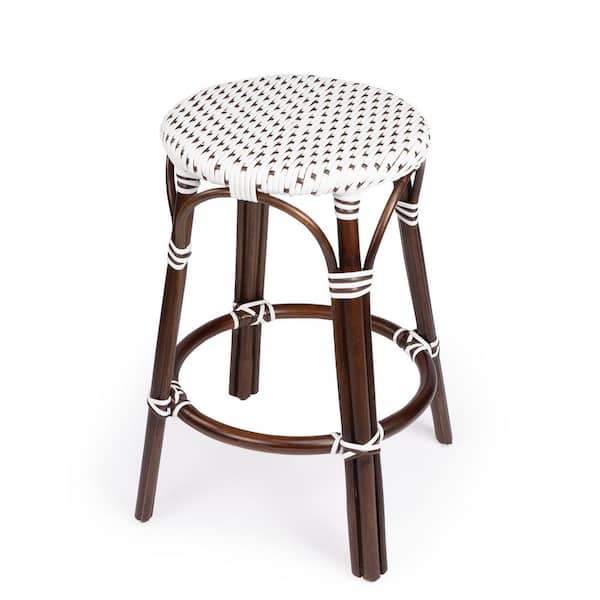 Butler Specialty Company Tobias 24 in. White and Brown Dot Backless Round Rattan Counter Stool (Qty 1)