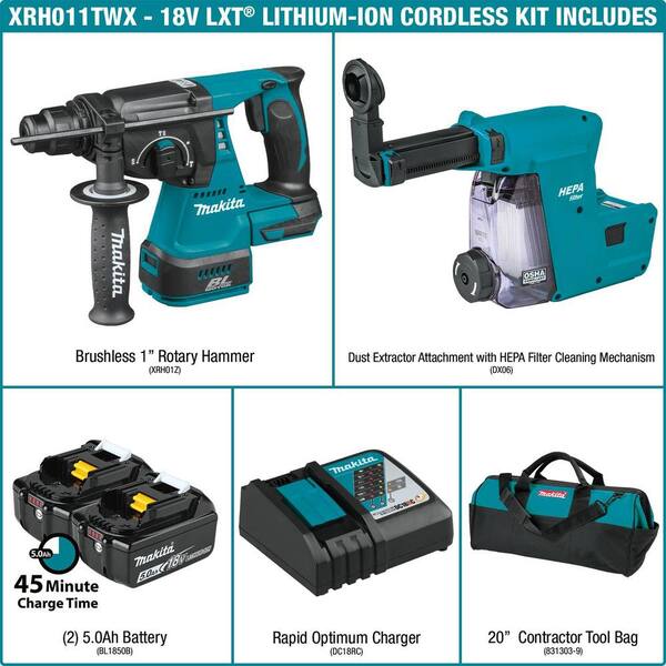 18V LXT Brushless 1 in. Rotary Hammer Kit 5.0 Ah, SDS-PLUS, HEPA Dust Extractor Attachment with 18V LXT Battery 5.0Ah