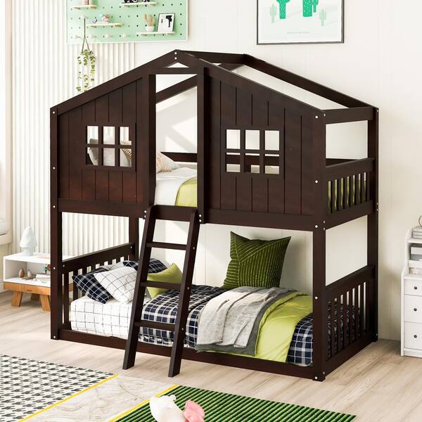 GODEER Espresso Twin Over Twin House Bunk Bed With Ladder, Wood Bed