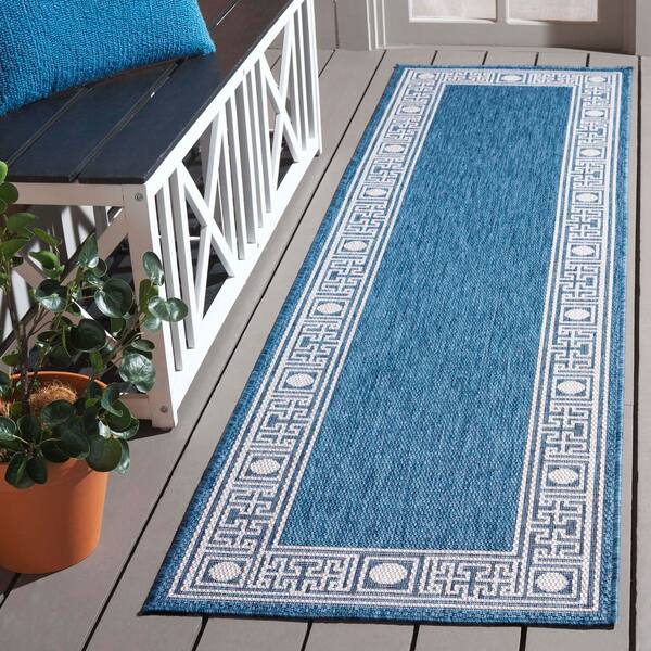 Beach House Blue/Ivory 2 ft. x 10 ft. Meander Border Indoor/Outdoor Runner Rug