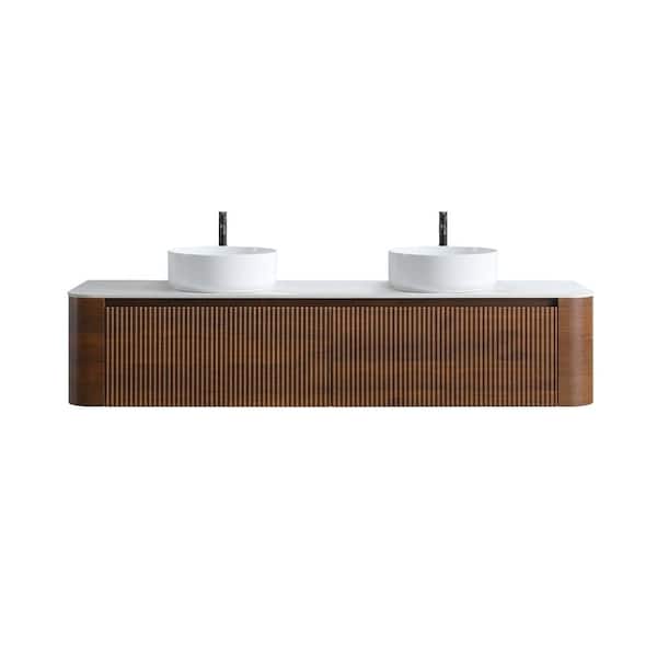 72" Walnut Bathroom Vanity Double White with Ceramic Sink,Wall-Mounted Cabinet&Towel Rack(No Faucet/Drain,Pre-Assembled)