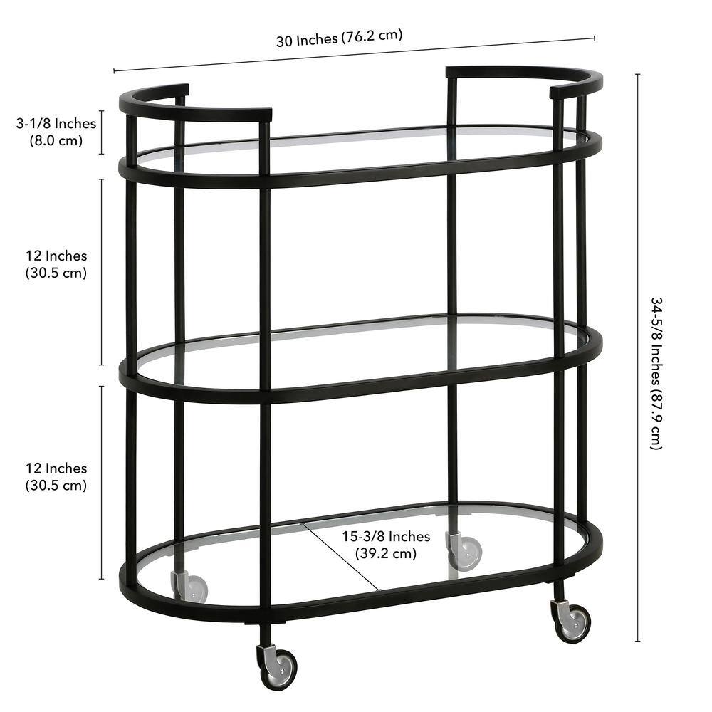 Modern Blackened Bronze 30" Wide Round Bar Cart with Tempered Glass Shelves