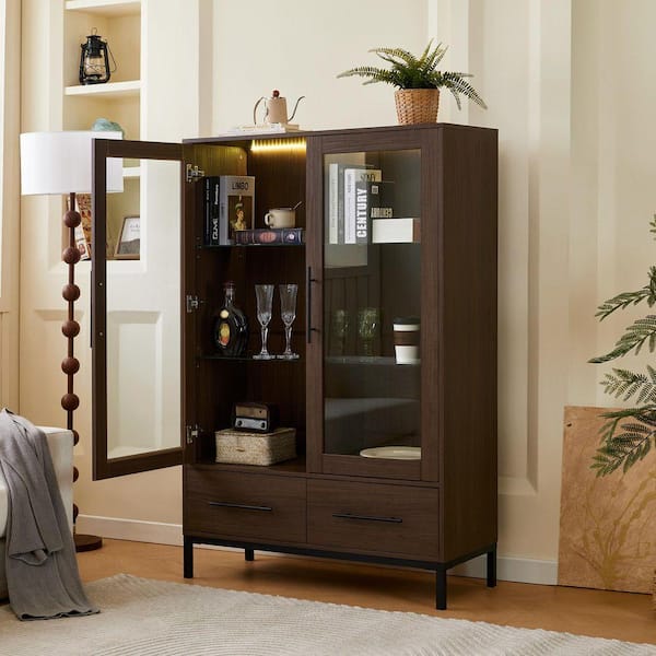 PRIMROSE CARNATION LLC Walnut 16 in. x 60 in. MDF Display Cabinet Decorative Box Curio Cabinet with LED Light, Tempered Glass 2 Door, 2 Drawers