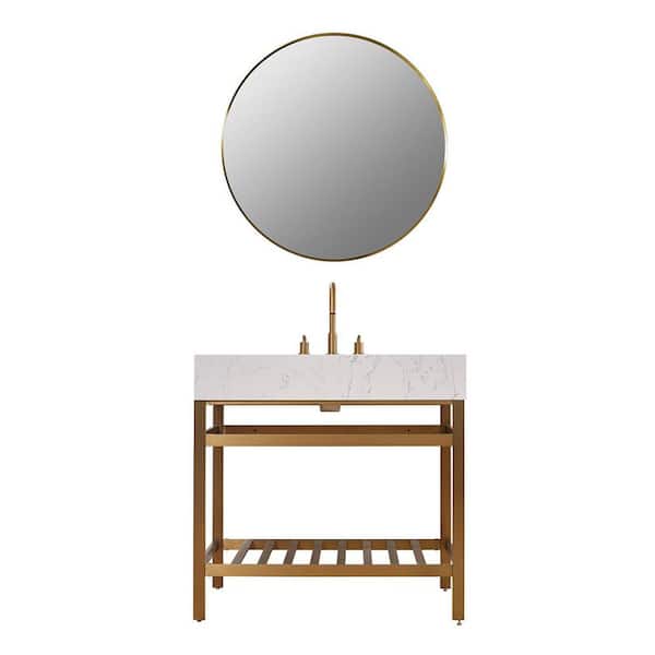 Altair Merano 36 in. W x 22 in. D x 35 in. H Single Sink Bath Vanity in Brushed Gold with White Composite Stone Top and Mirror