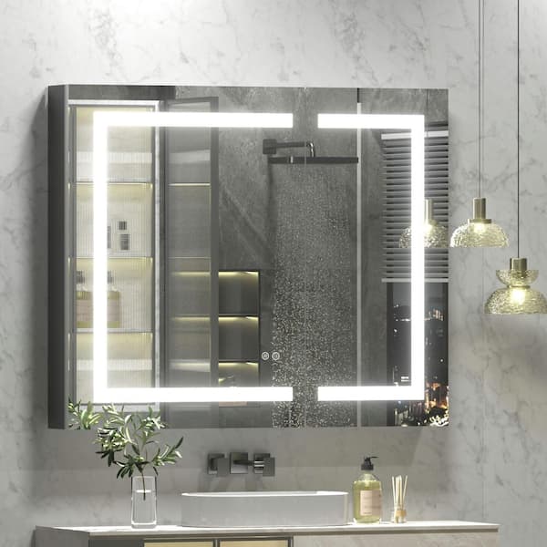 36 in. W x 30 in. H Rectangular LED Lighted Anti-Fog Tempered Glass Aluminum Medicine Cabinet with Mirror In Black