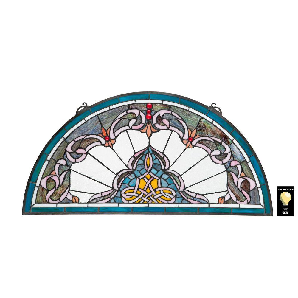 Sky Blue and Green Stained Glass Demi-Lune Window Panel