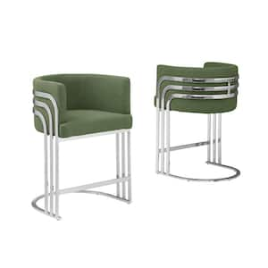 Alana 29 in. Green Low Back Metal Frame Bar Stool With Teddy Fabric Set of 2