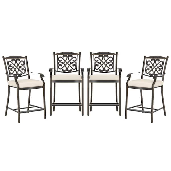 Kadehome Cast Aluminum Outdoor Bar Stool with Beige Cushion (4-Pack)