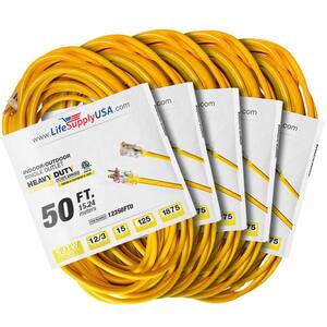 50 ft 12 Gauge/3 Conductors SJTW Indoor/Outdoor Extension Cord with Lighted End Yellow (5 Pack)