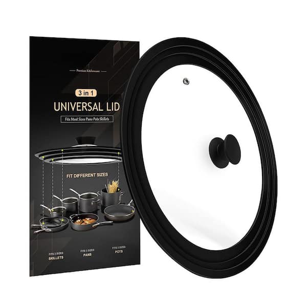1-Piece Black Tempered Glass and Silicone Universal Pot Pan Skillet Lid with Steam Vent Dishwasher Safe