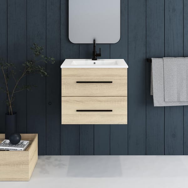 VOLPA USA AMERICAN CRAFTED VANITIES Napa 24 in. W. x 18 in. D Single Sink Bathroom Vanity Wall Mounted in White Oak with Ceramic Integrated Countertop