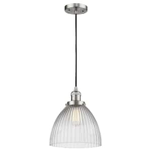 Seneca Falls 1-Light Brushed Satin Nickel Clear Halophane Shaded Pendant Light with Clear Halophane Glass Shade